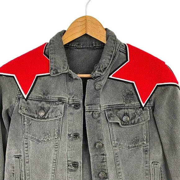 CARMAR Denim Jacket Charcoal Gray Red Shoulder Stars Size S Buttons - Picture 2 of 8